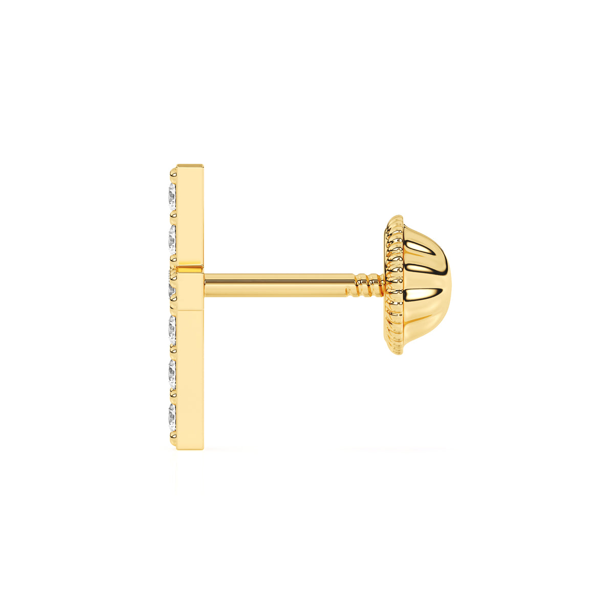 Side view of Faithful Cross clear pavé CZ stud earrings in solid 14K yellow gold with screw-back posts.