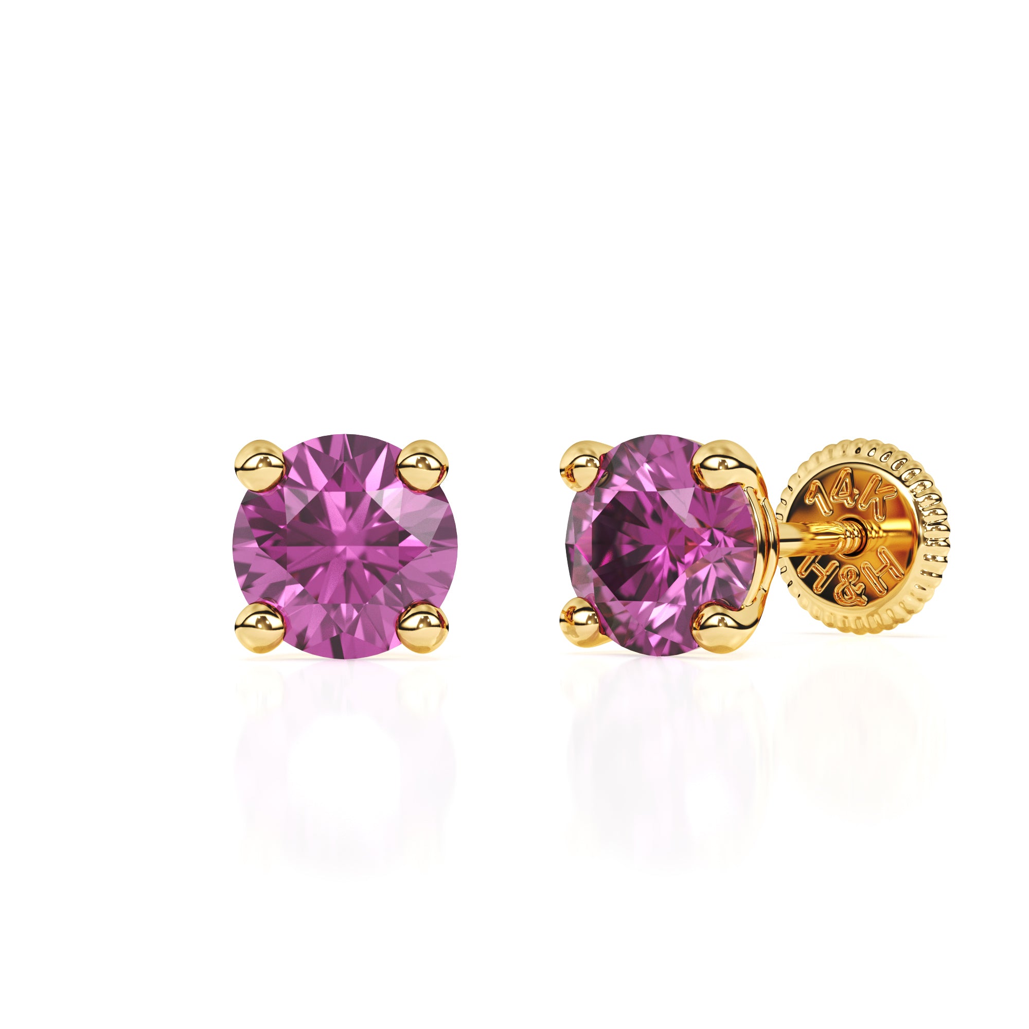 Swarovski February birthstone stud earrings in yellow gold with screwback post.
