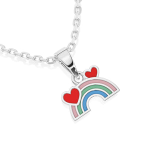 Sterling silver necklace with a rainbow and heart pendant on a white background.