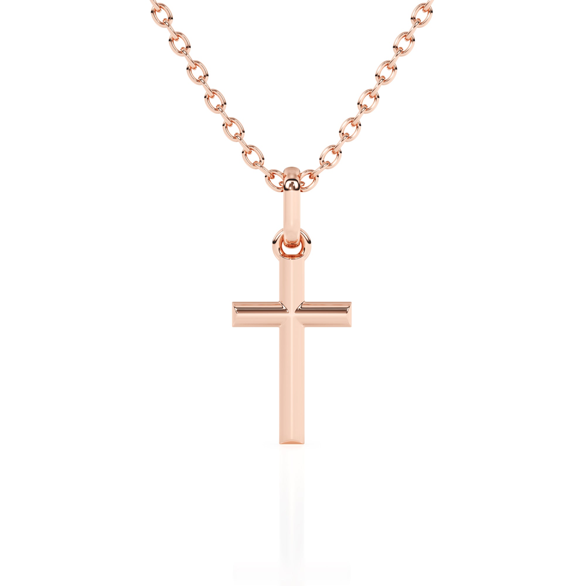Rose gold cross necklace on a white background.