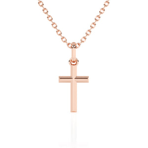 Rose gold cross necklace on a white background.
