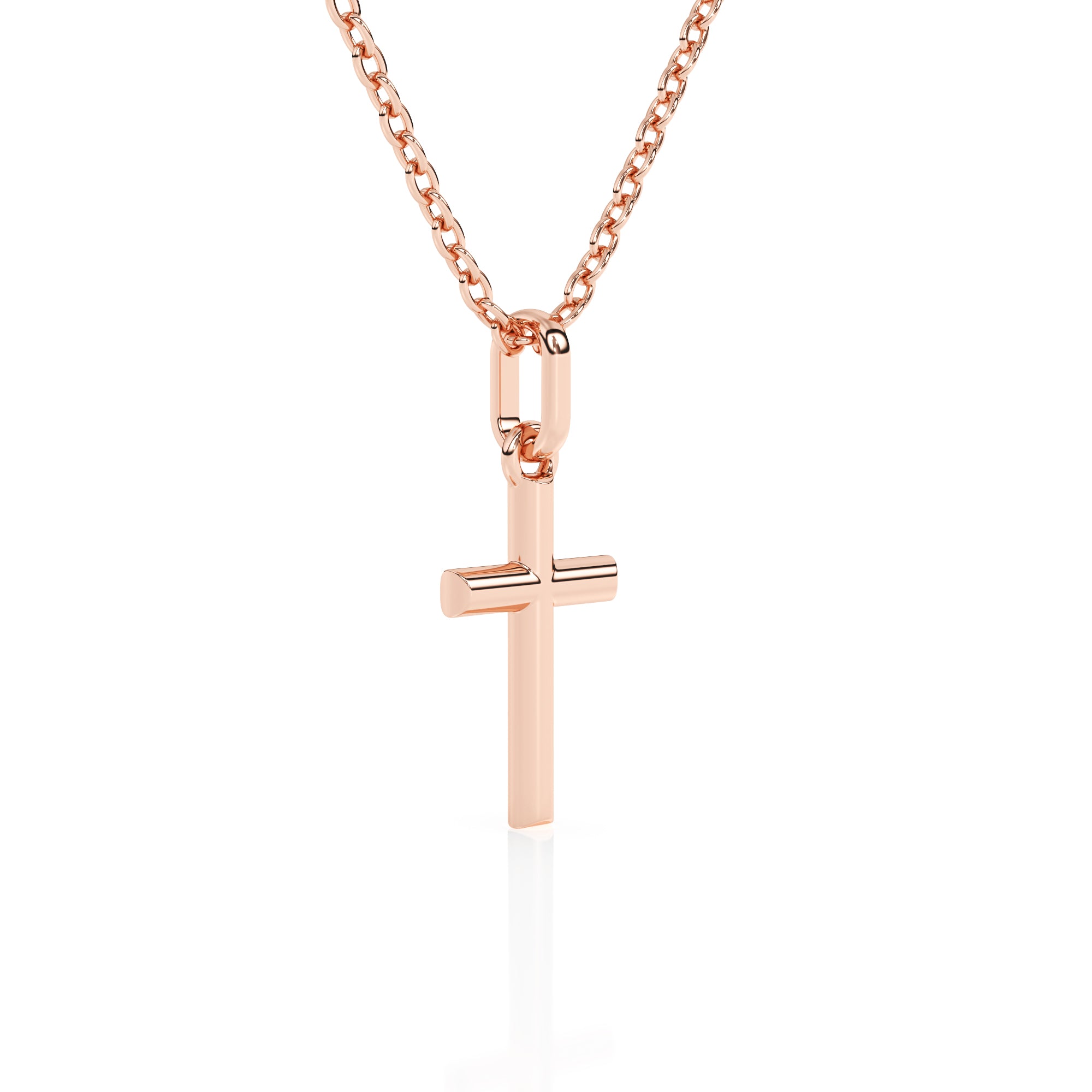 Rose gold cross necklace on a white background.