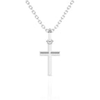 White gold cross necklace on a white background.