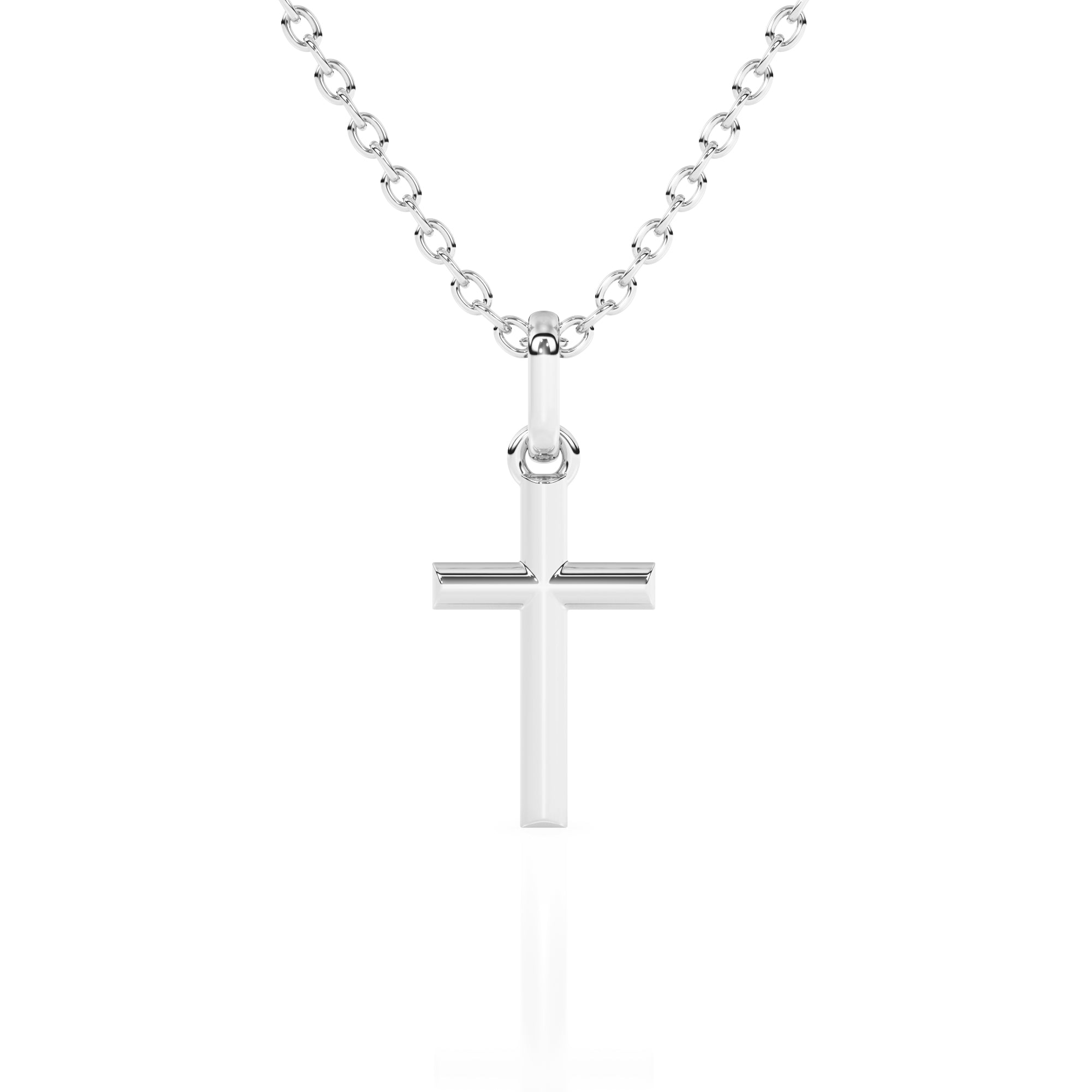 White gold cross necklace on a white background.