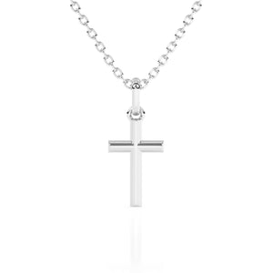 White gold cross necklace on a white background.