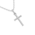 White gold cross necklace on a white background.