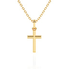 Yellow gold cross necklace on a white background.