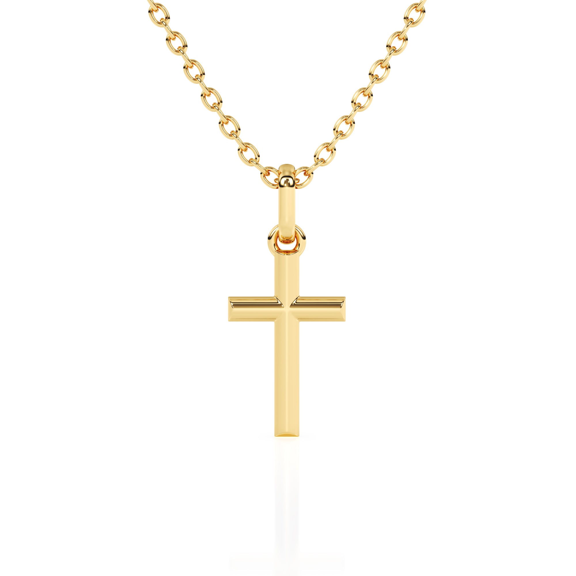 Yellow gold cross necklace on a white background.