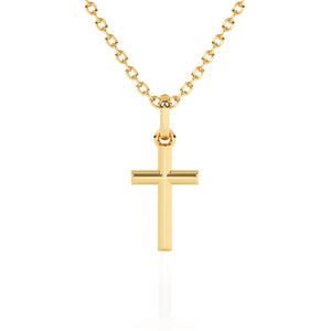 Yellow gold cross necklace on a white background.