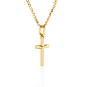 Yellow gold cross necklace on a white background.