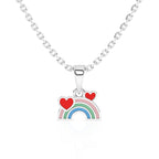 Sterling silver necklace with a rainbow and heart pendant on a white background.