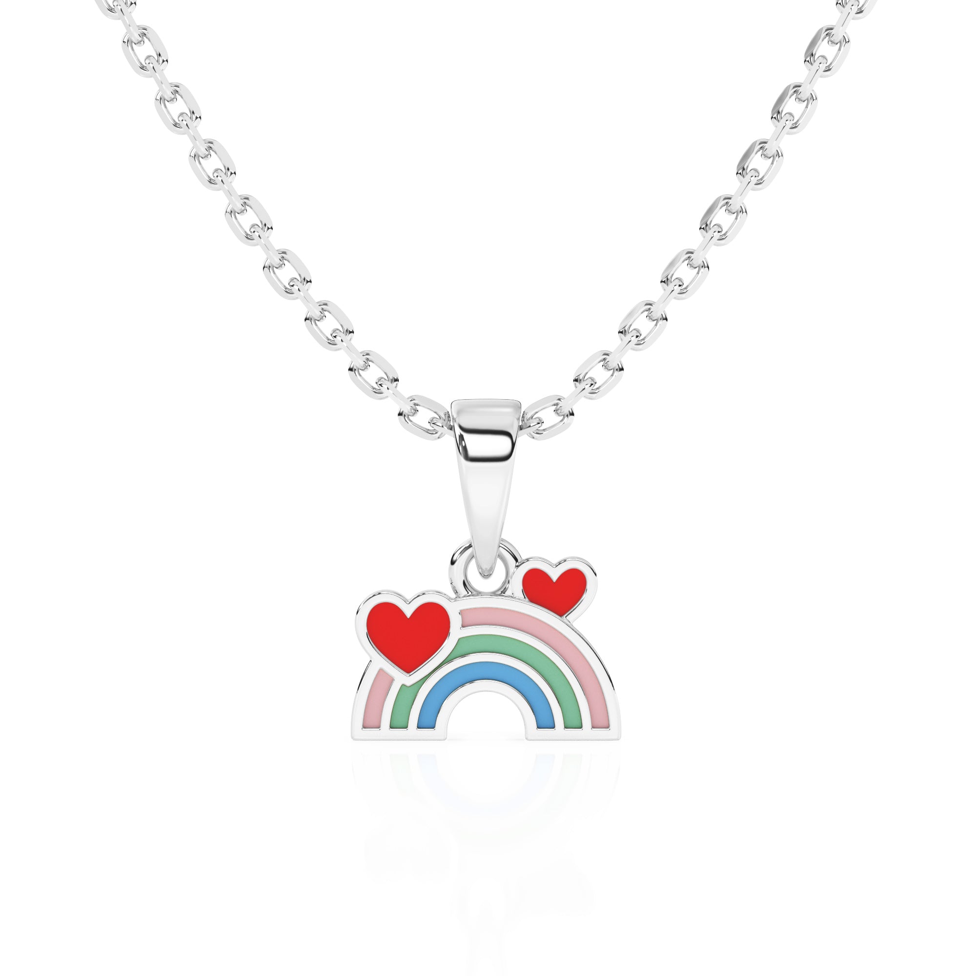 Sterling silver necklace with a rainbow and heart pendant on a white background.