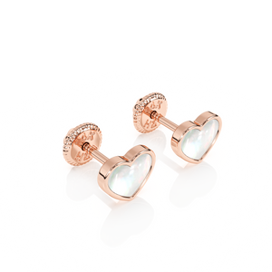Genuine Love, Mother of Pearl Heart Stud Earrings - Solid 14K Rose Gold, Screw Back, for Babies & Children