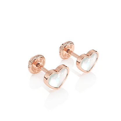 Genuine Love, Mother of Pearl Heart Stud Earrings - Solid 14K Rose Gold, Screw Back, for Babies & Children