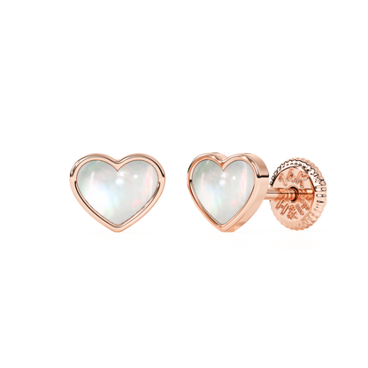 Genuine Love, Mother of Pearl Heart Stud Earrings - Solid 14K Rose Gold, Screw Back, for Babies & Children