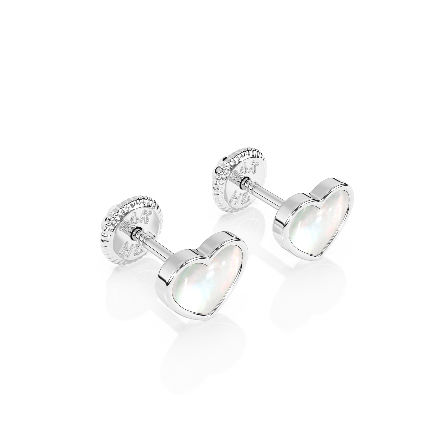 Genuine Love, Mother of Pearl Heart Stud Earrings - Solid 14K White Gold, Screw Back, for Babies & Children