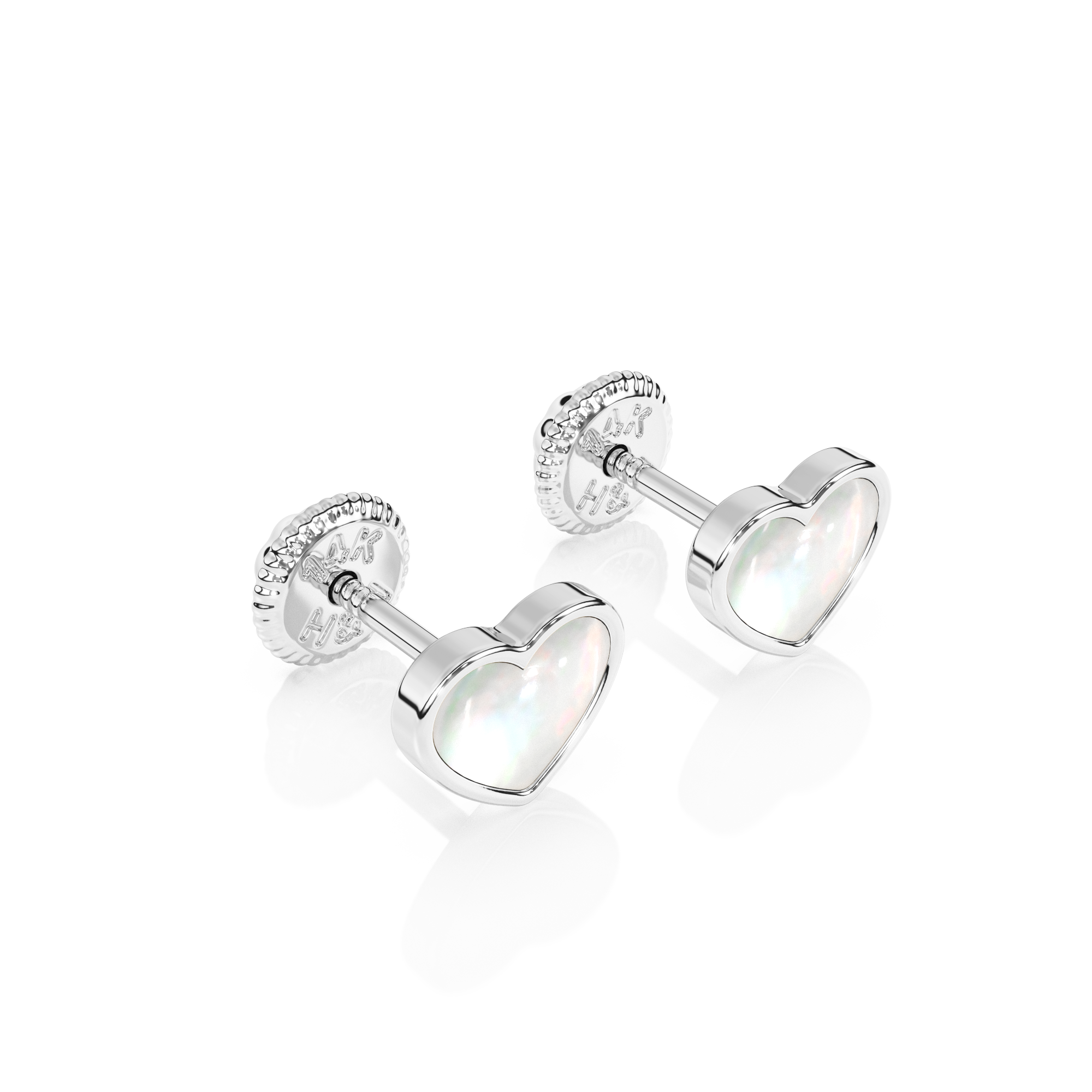 Genuine Love, Mother of Pearl Heart Stud Earrings - Solid 14K White Gold, Screw Back, for Babies & Children
