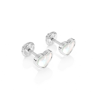 Genuine Love, Mother of Pearl Heart Stud Earrings - Solid 14K White Gold, Screw Back, for Babies & Children