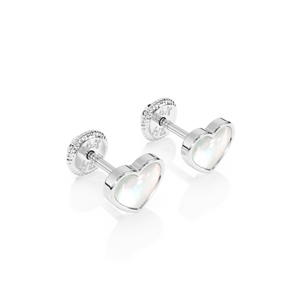 Genuine Love, Mother of Pearl Heart Stud Earrings - Solid 14K White Gold, Screw Back, for Babies & Children