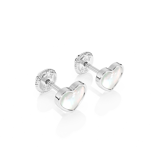 Genuine Love, Mother of Pearl Heart Stud Earrings - Solid 14K White Gold, Screw Back, for Babies & Children
