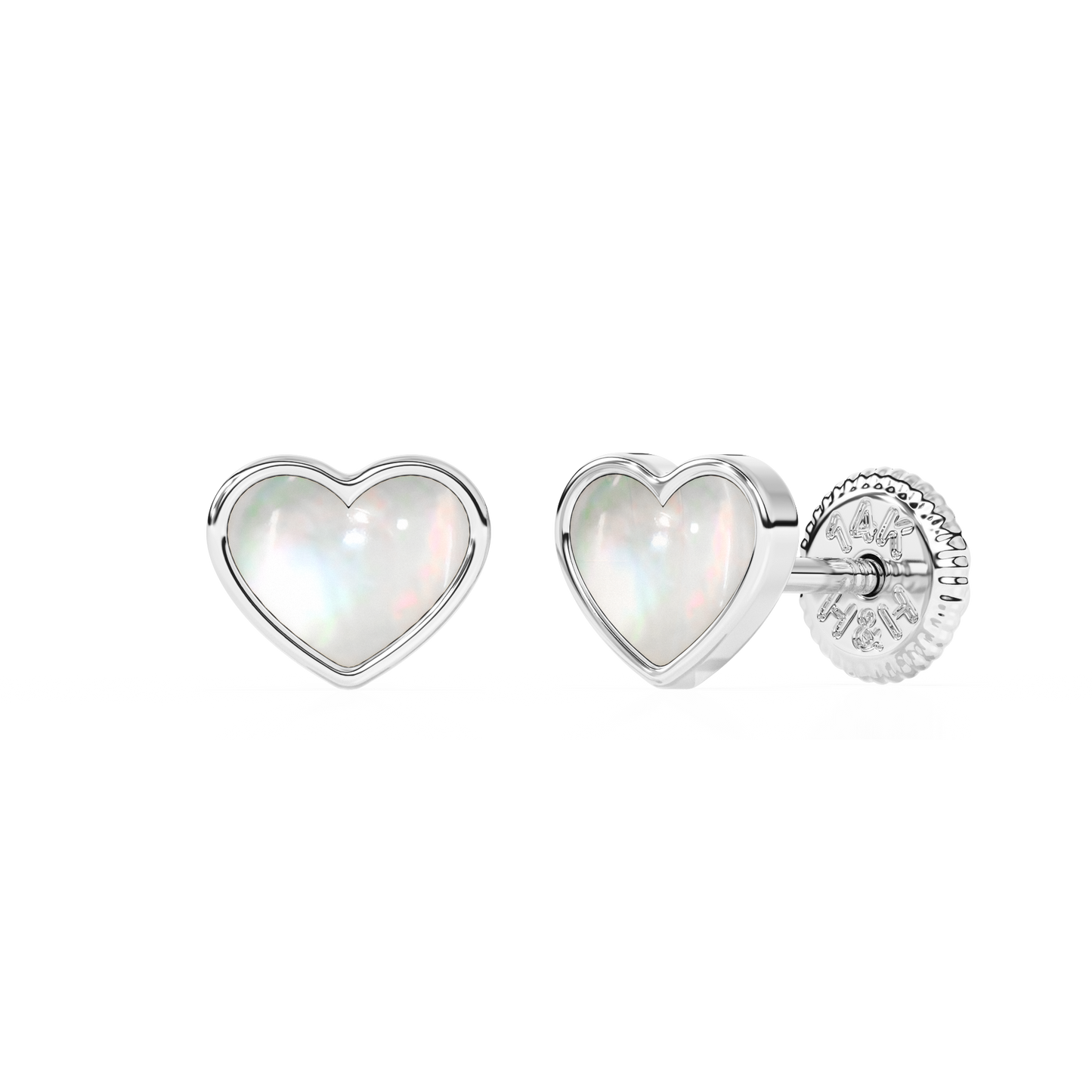 Genuine Love, Mother of Pearl Heart Stud Earrings - Solid 14K White Gold, Screw Back, for Babies & Children