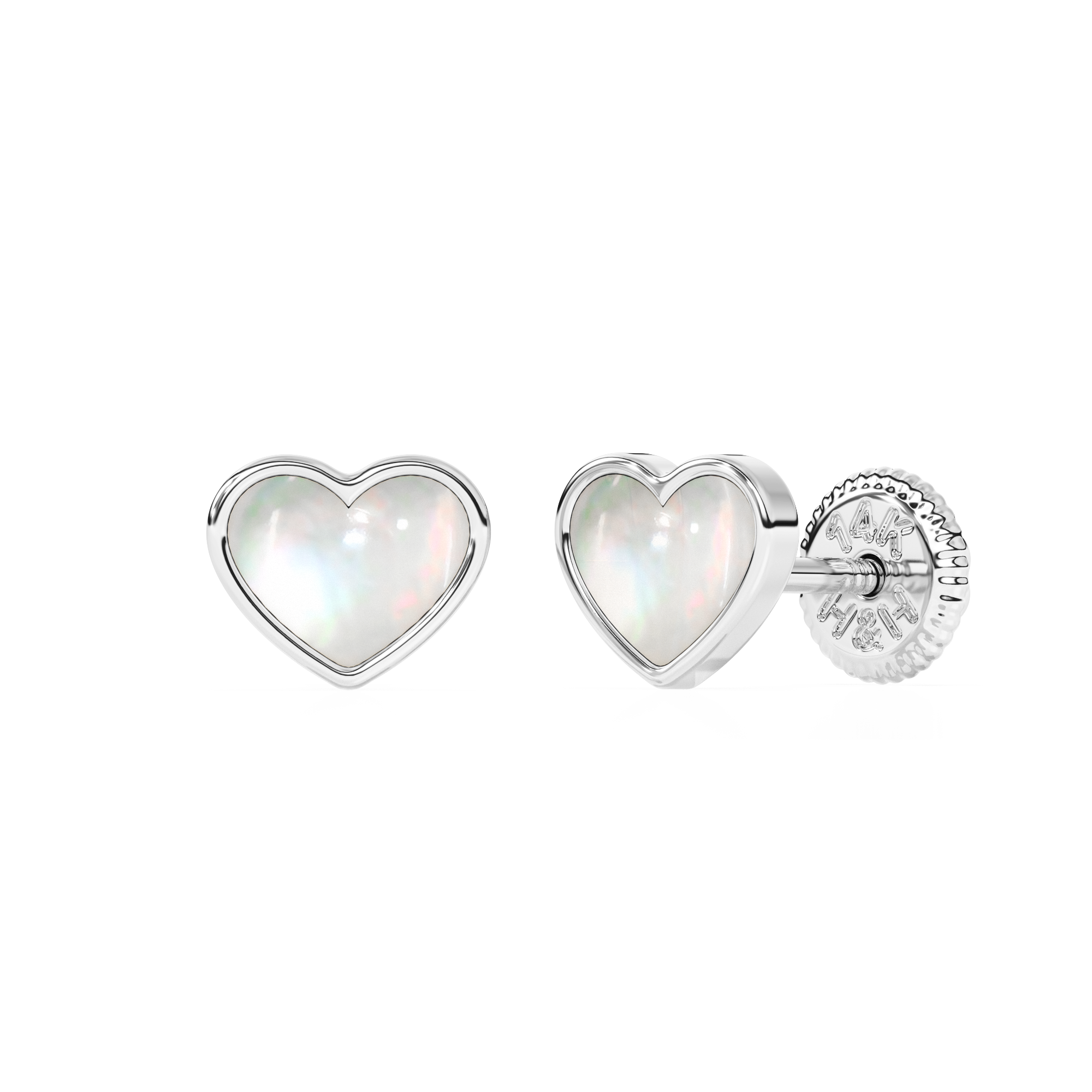 Genuine Love, Mother of Pearl Heart Stud Earrings - Solid 14K White Gold, Screw Back, for Babies & Children