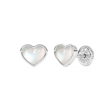 Genuine Love, Mother of Pearl Heart Stud Earrings - Solid 14K White Gold, Screw Back, for Babies & Children