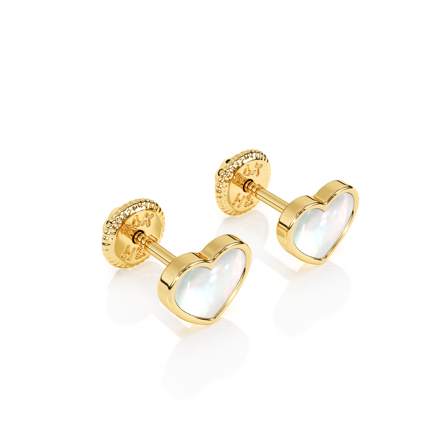 Genuine Love, Mother of Pearl Heart Stud Earrings - Solid 14K Gold, Screw Back, for Babies & Children