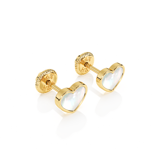 Genuine Love, Mother of Pearl Heart Stud Earrings - Solid 14K Gold, Screw Back, for Babies & Children