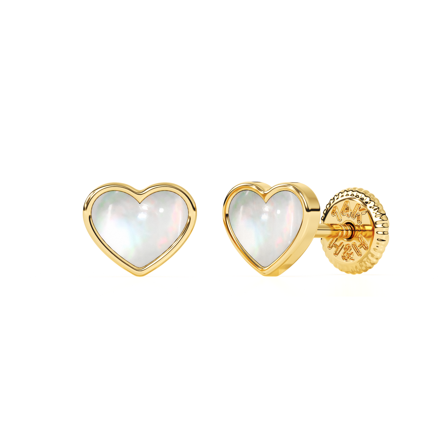 Genuine Love, Mother of Pearl Heart Stud Earrings - Solid 14K Gold, Screw Back, for Babies & Children