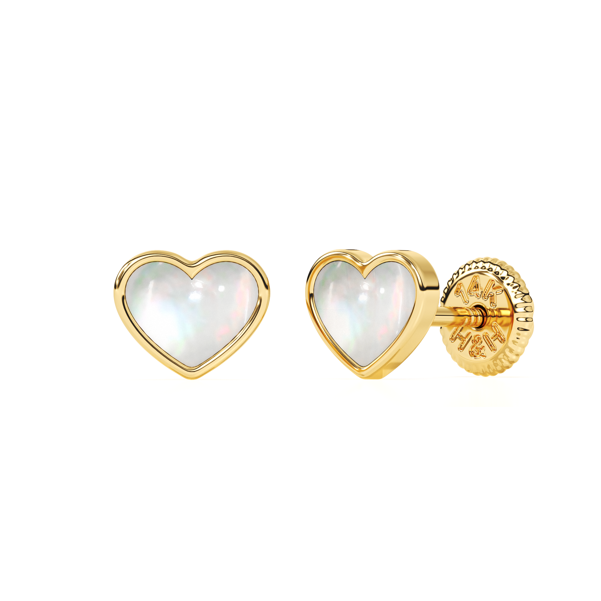 Genuine Love, Mother of Pearl Heart Stud Earrings - Solid 14K Gold, Screw Back, for Babies & Children