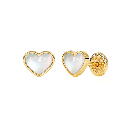 Genuine Love, Mother of Pearl Heart Stud Earrings - Solid 14K Gold, Screw Back, for Babies & Children
