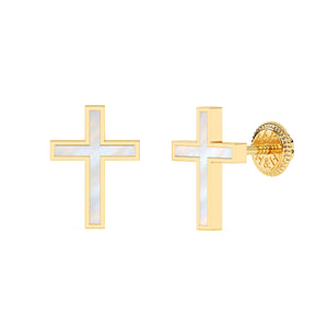 Front view of Genuine Faith mother of pearl cross stud earrings in solid 14K yellow gold with screw-back posts.