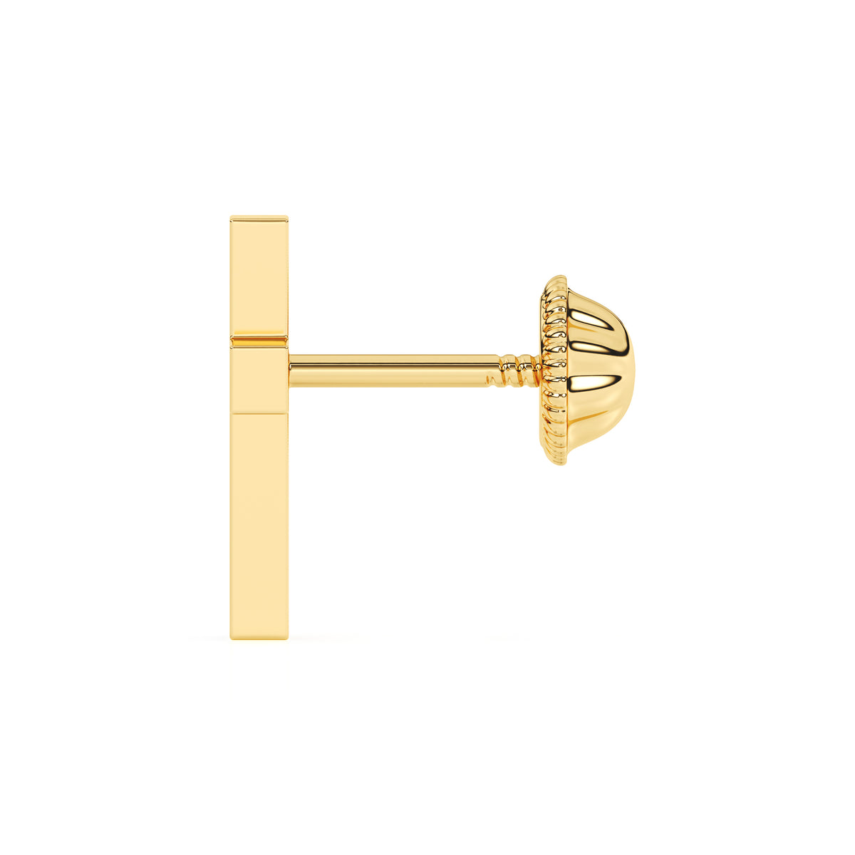 Side view of Genuine Faith mother of pearl cross stud earrings in solid 14K yellow gold with screw-back posts.