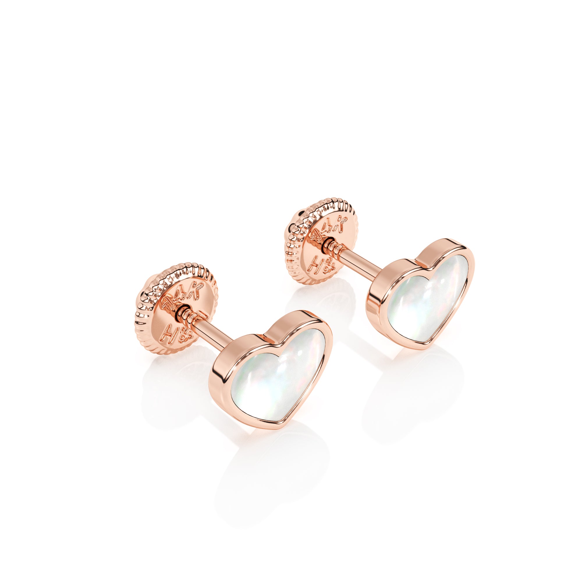 Rose gold stud earrings with screwback post and a heart shaped mother of pearl. 