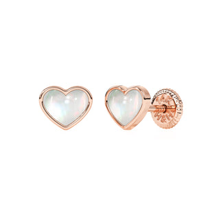 Rose gold stud earrings with screwback post and a heart shaped mother of pearl. 