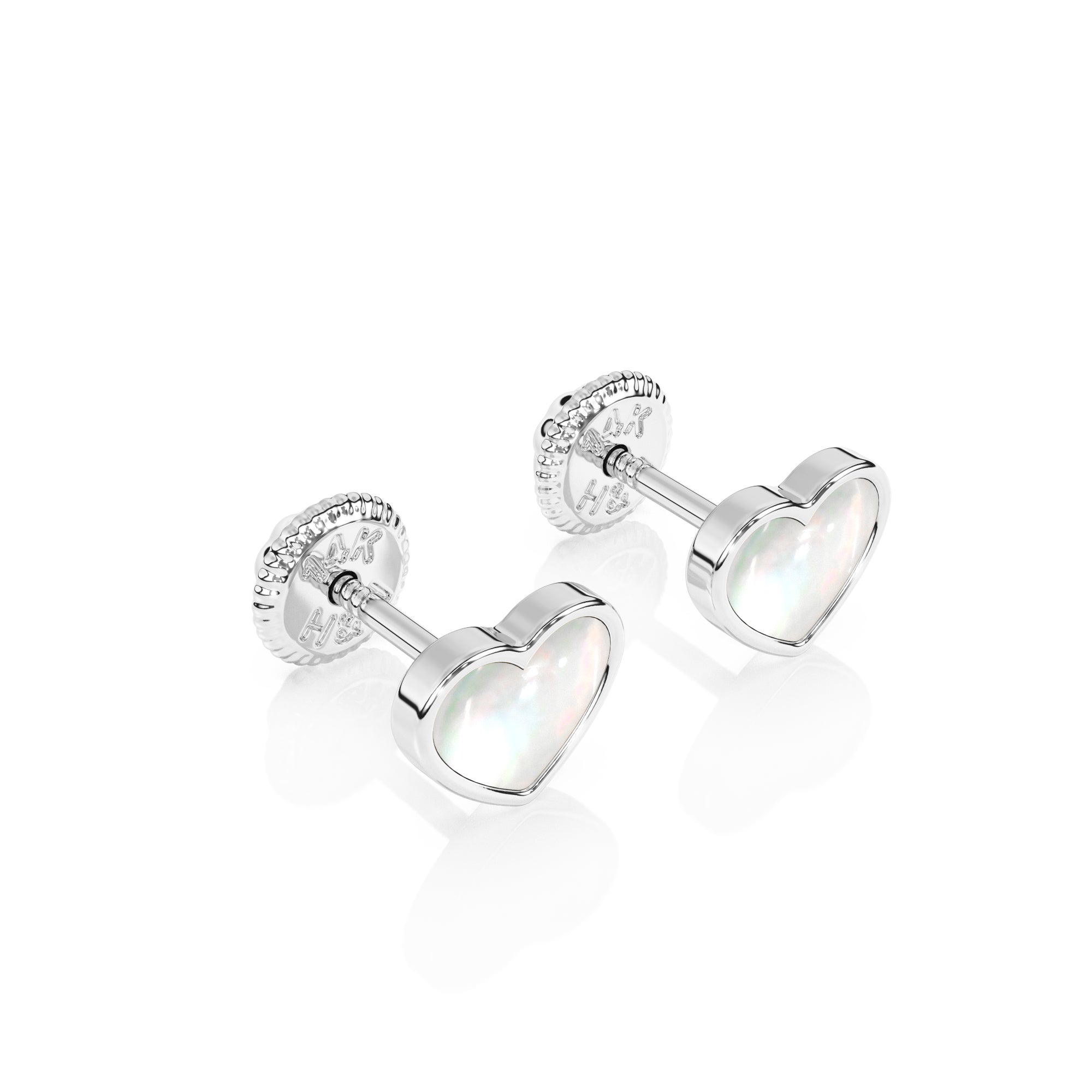 Pendientes de botón con forma de corazón de nácar y auténtico amor - Oro blanco macizo de 14 quilates, cierre de rosca, para bebés y niños