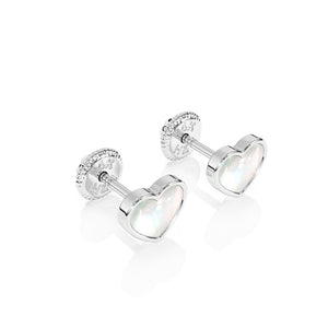 Pendientes de botón con forma de corazón de nácar y auténtico amor - Oro blanco macizo de 14 quilates, cierre de rosca, para bebés y niños