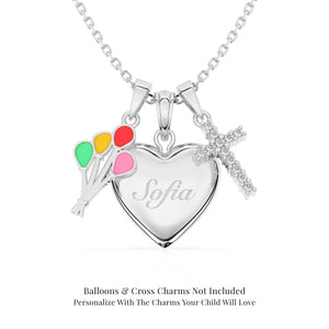 Sterling silver necklace with heart locket pendant, colorful balloon, and pave cross  charms on a white background.