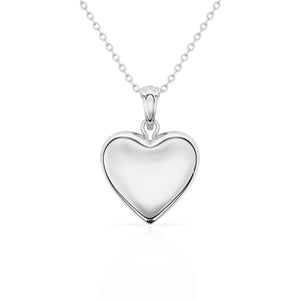 Sterling silver heart locket pendant on a white background.
