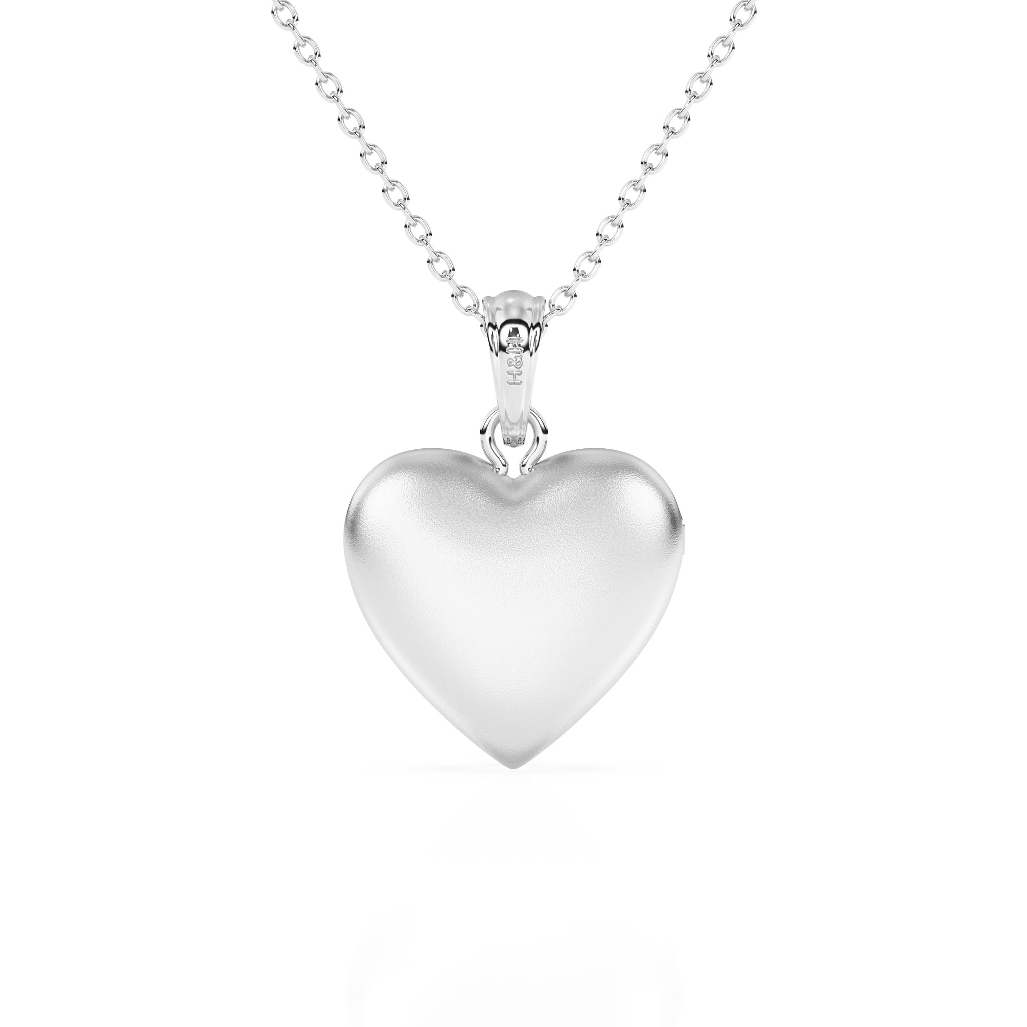 Sterling silver heart locket pendant on a white background.