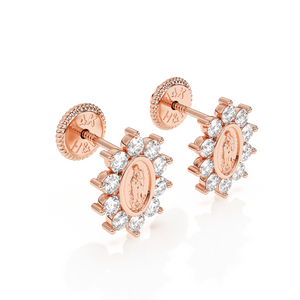 Immaculate Halo, Our Lady of Guadalupe Clear CZ Stud Earrings - Solid 14K Rose Gold, Screw Back, for Babies & Children