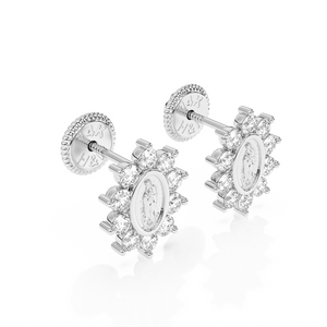 Immaculate Halo, Our Lady of Guadalupe Clear CZ Stud Earrings - Solid 14K White Gold, Screw Back, for Babies & Children
