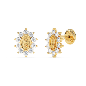 Immaculate Halo, Our Lady of Guadalupe Clear CZ Stud Earrings - Solid 14K Gold, Screw Back, for Babies & Children