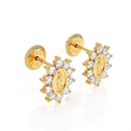 Immaculate Halo, Our Lady of Guadalupe Clear CZ Stud Earrings - Solid 14K Gold, Screw Back, for Babies & Children