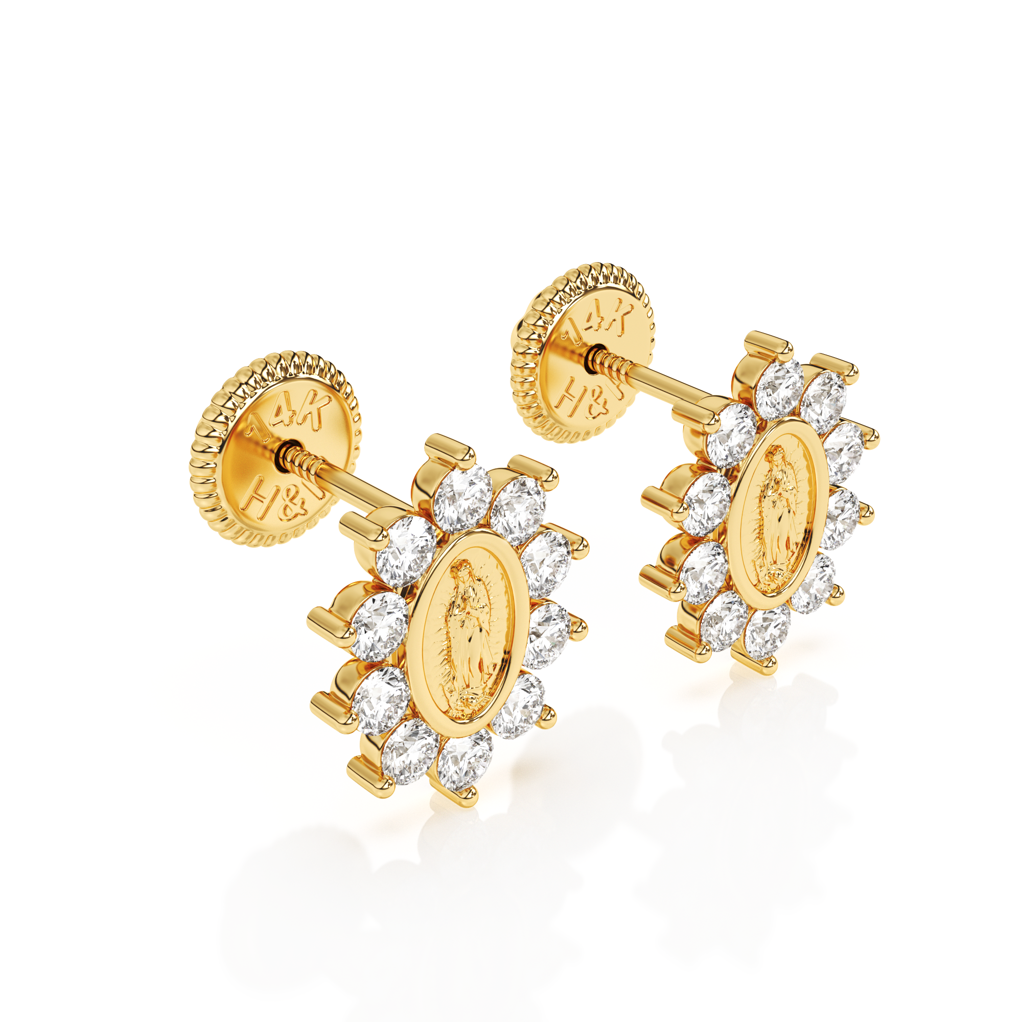 Immaculate Halo, Our Lady of Guadalupe Clear CZ Stud Earrings - Solid 14K Gold, Screw Back, for Babies & Children