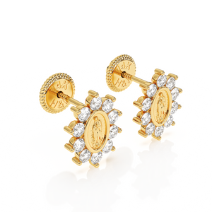 Immaculate Halo, Our Lady of Guadalupe Clear CZ Stud Earrings - Solid 14K Gold, Screw Back, for Babies & Children