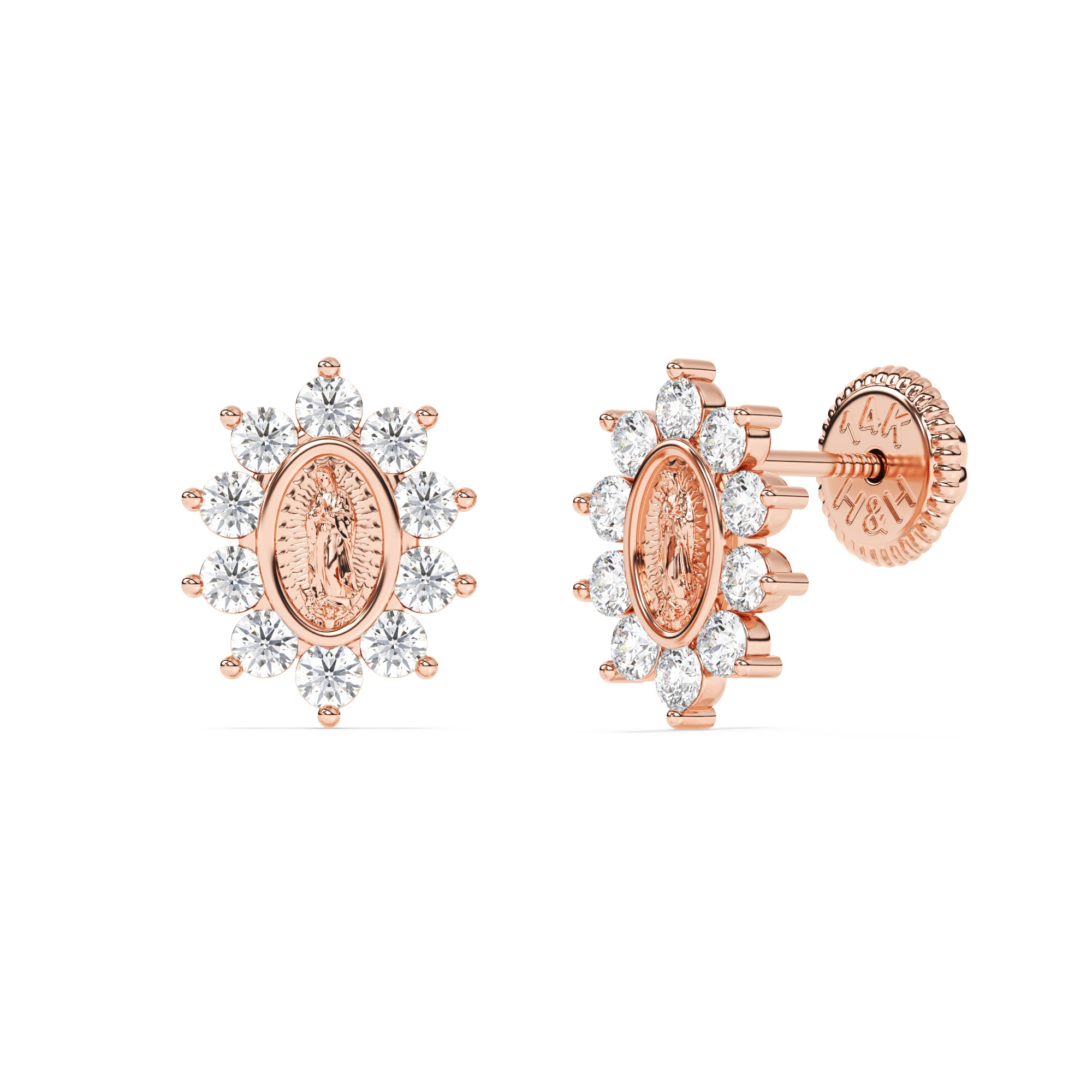 Rose gold Our Lady of Guadalupe CZ stud earrings with screwback post.