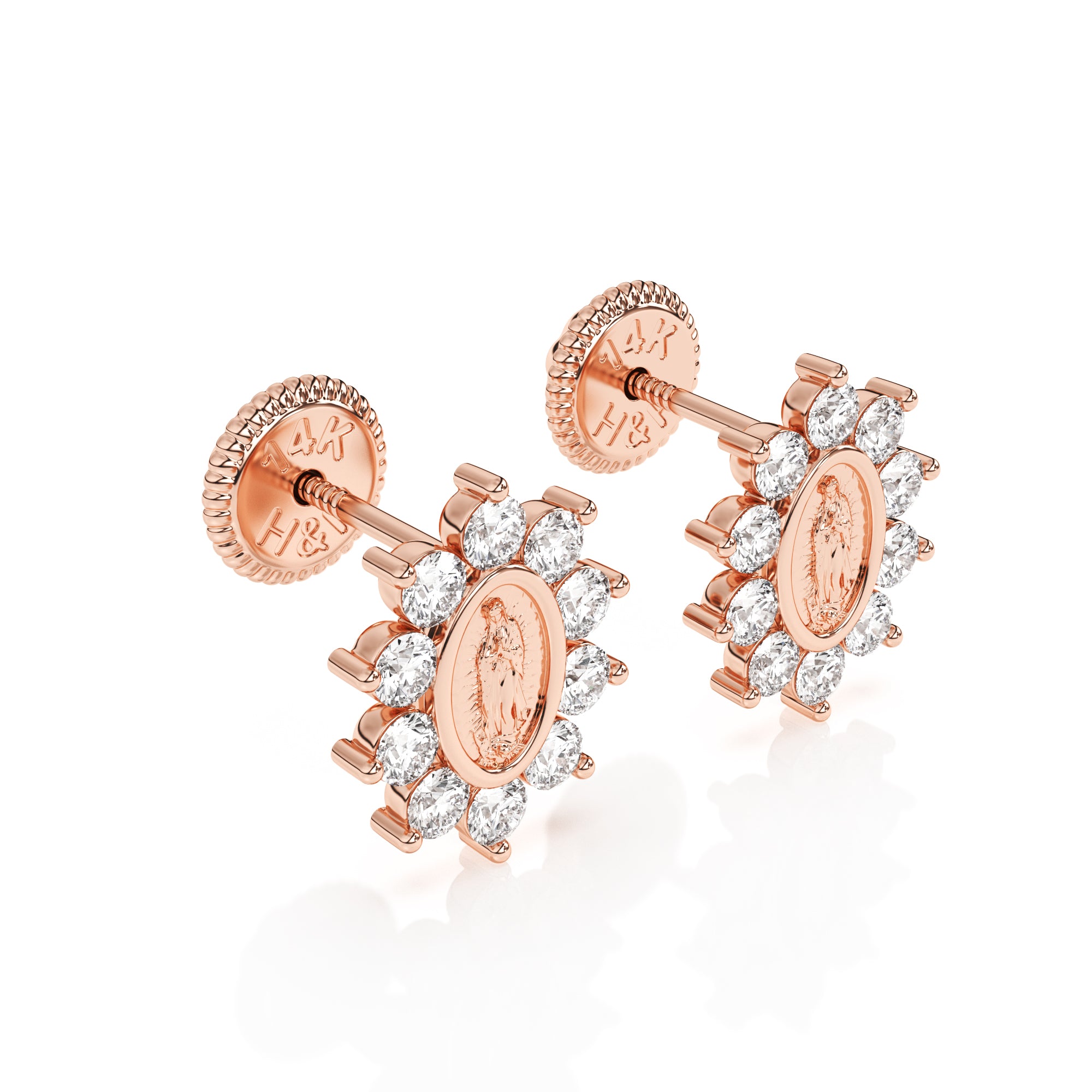 Rose gold Our Lady of Guadalupe CZ stud earrings with screwback post. 