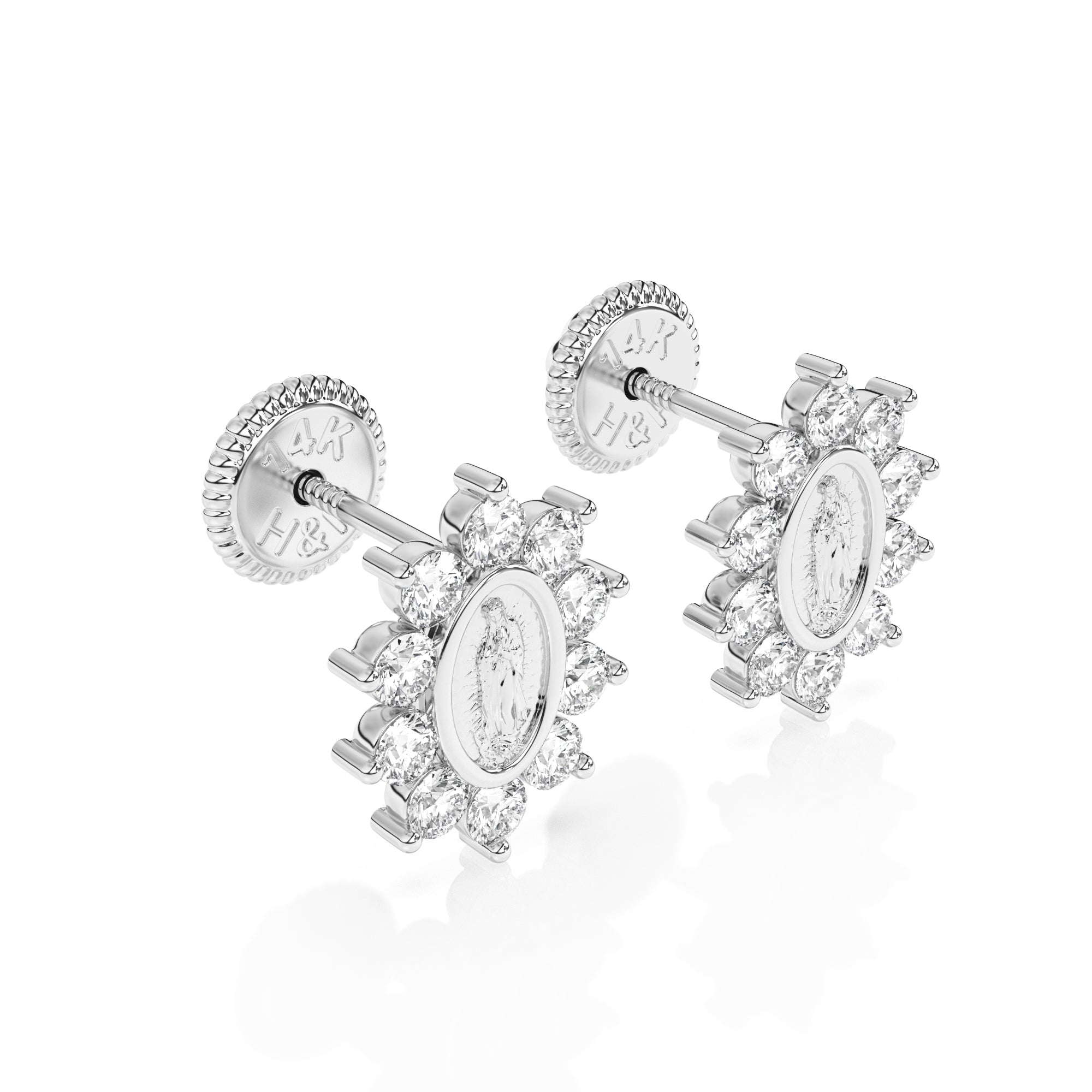 Aretes de botón con circonitas transparentes de Nuestra Señora de Guadalupe con halo inmaculado - Oro blanco macizo de 14 quilates, cierre de rosca, para bebés y niños